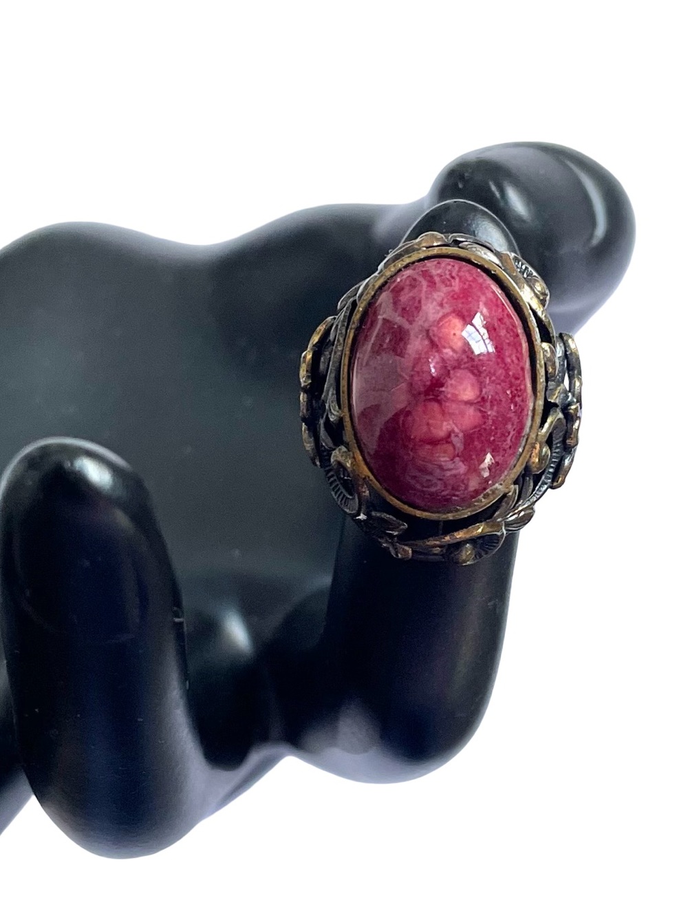 Vintage Mid-Century Victorian Revival Glass And Metal Adjustable Cocktail Ring